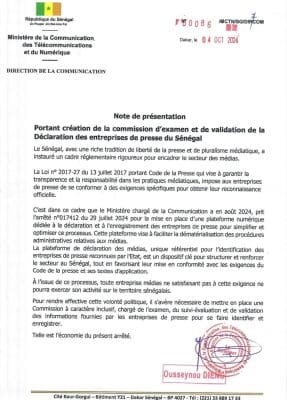 Déclaration des entreprises de presse : Note de présentation Portant création de la commission d'examen et de validation
