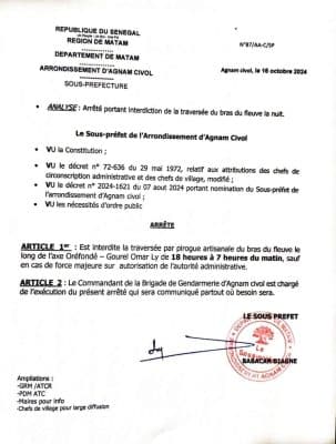 Crue du Fleuve Sénégal : le sous-préfet d’Agnam Civol interdit la traversée du bras du fleuve la nuit