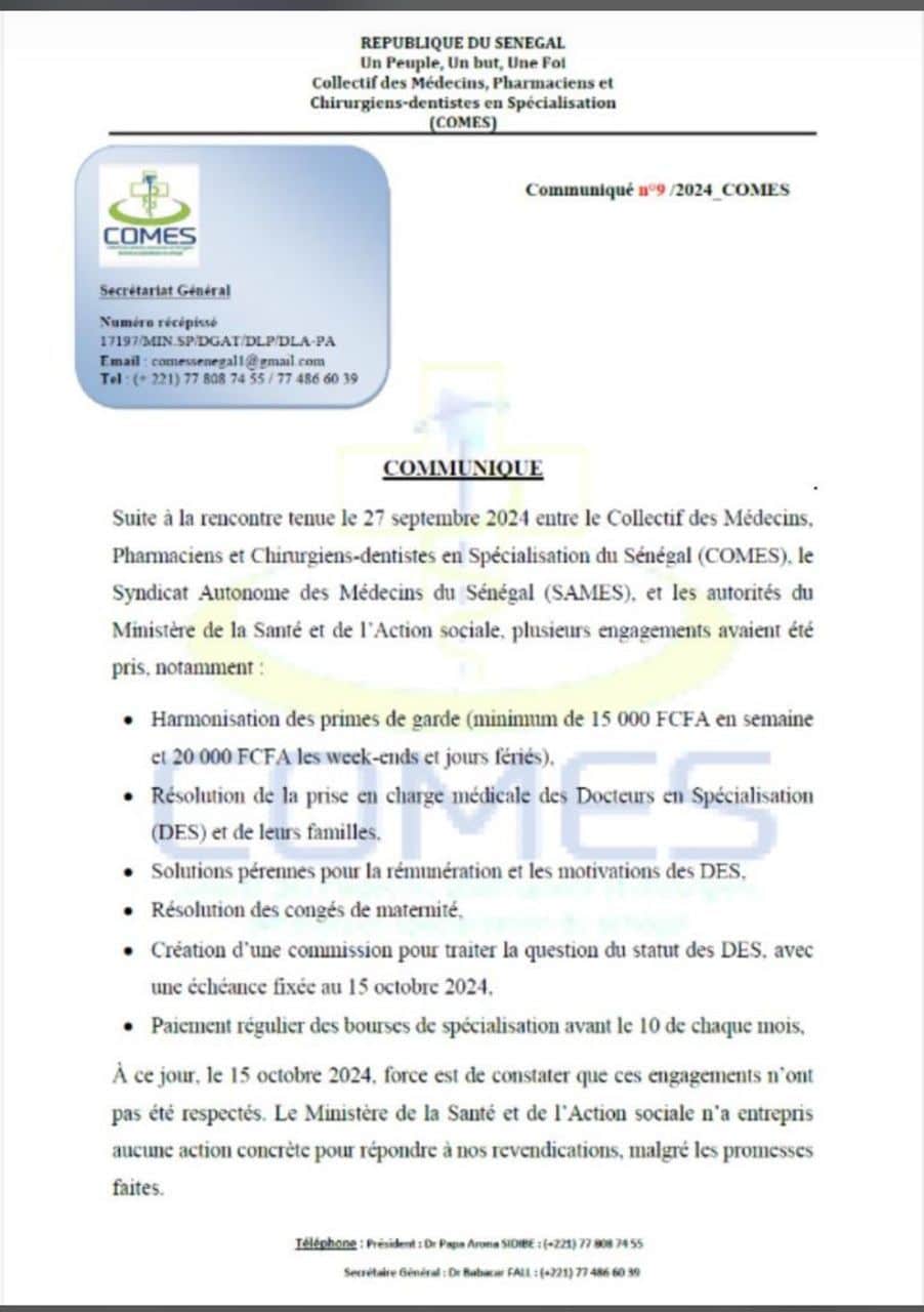 Le COMES décrète une grève de 72 heures renouvelable dès le 16 octobre 2024 (Documents)