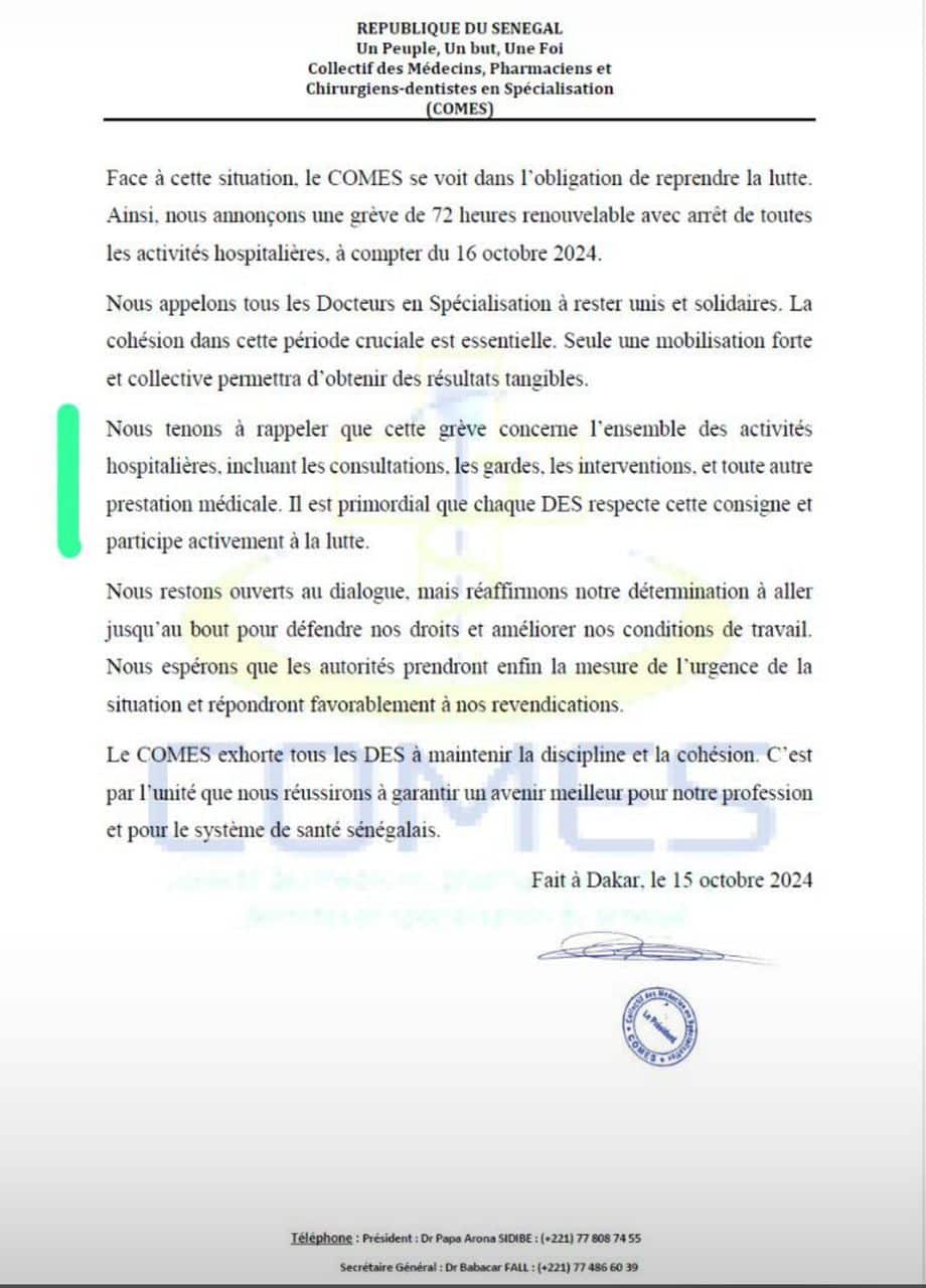 Le COMES décrète une grève de 72 heures renouvelable dès le 16 octobre 2024 (Documents)