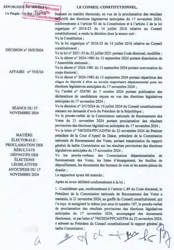 Elections Législatives : Les résultats provisoires confirmés par le Conseil constitutionnel