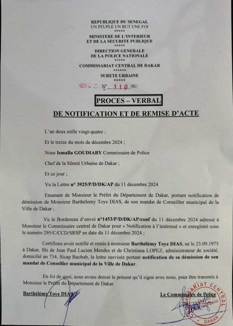 Révocation de la mairie : Le maire Barthelemy Dias a reçu une notification du préfet de Dakar (Documents)