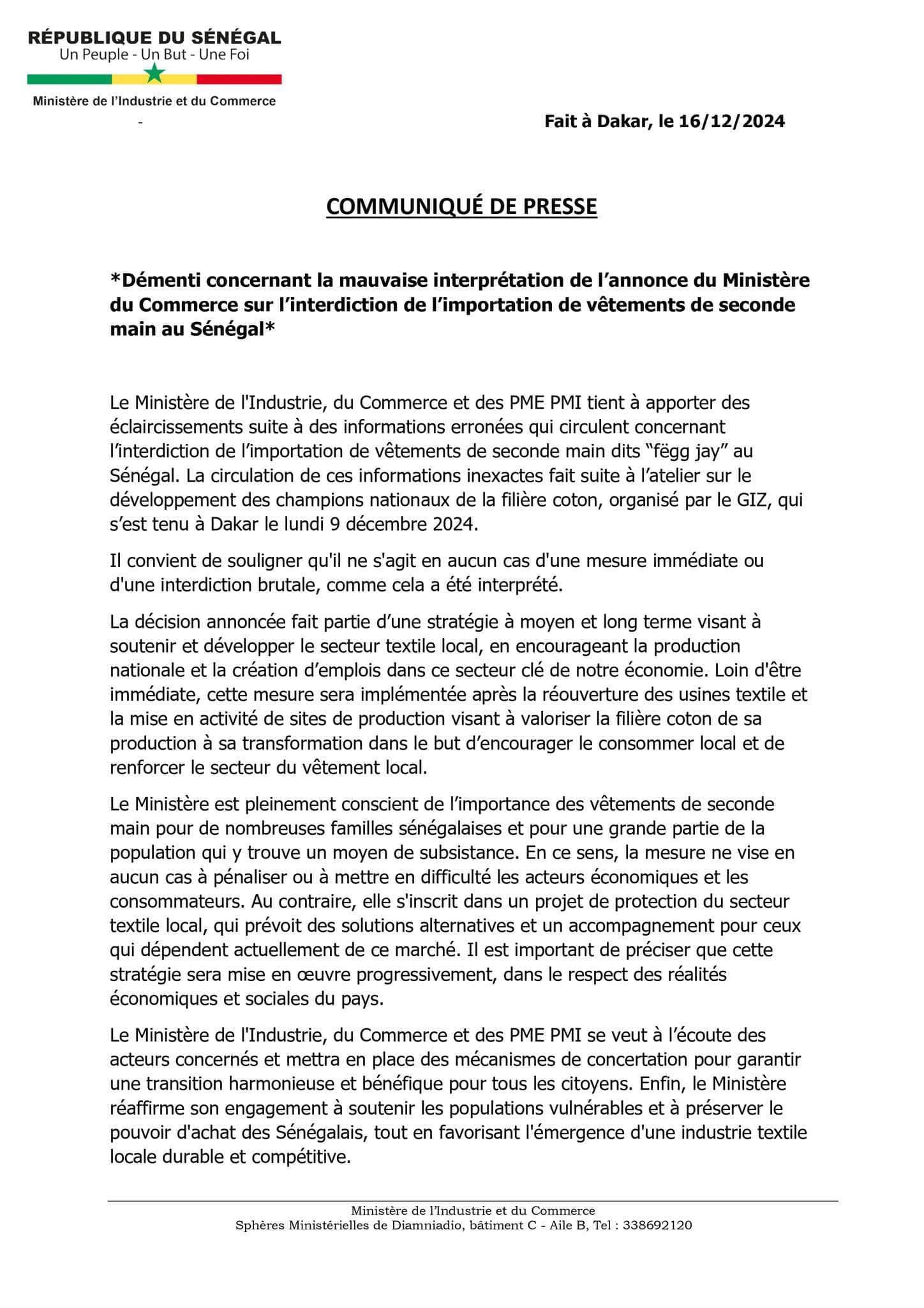 Interdiction d'importation de« Fëgg diaye » : Le ministre Serigne Gueye Diop dément, (Document) et apporte des éclaircissements 