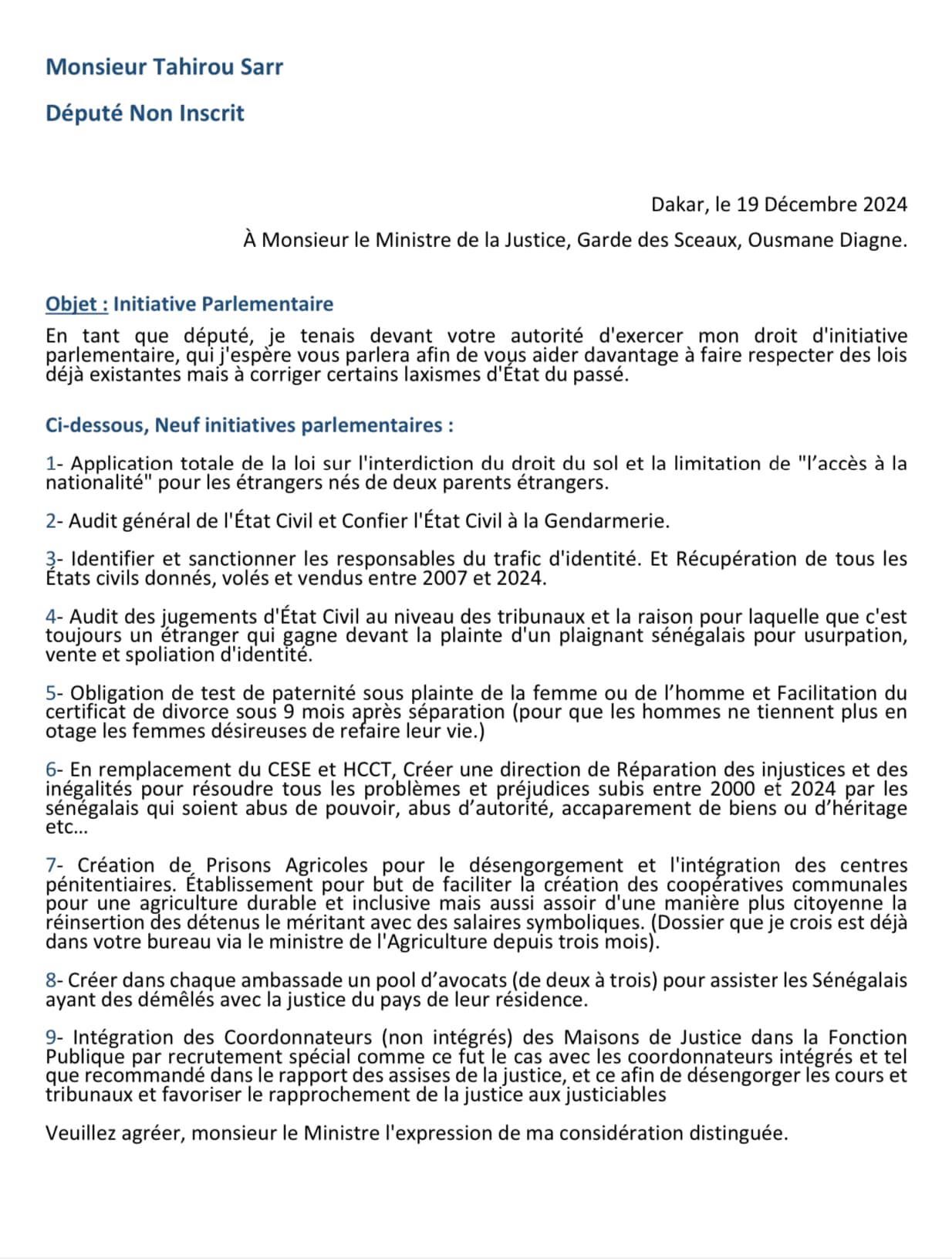 Commission des lois : Tahirou Sarr plaide 9 points devant le Garde des Sceaux Ousmane Diagne