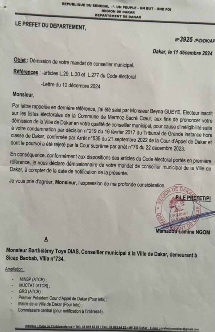 Révocation de la mairie : Le maire Barthelemy Dias a reçu une notification du préfet de Dakar (Documents)