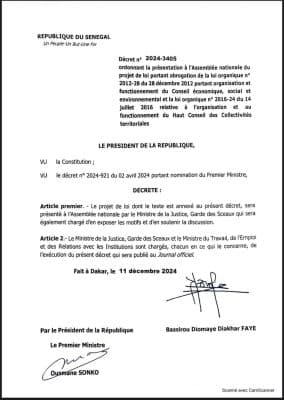 Assemblée nationale : Les décrets ordonnant présentation des projets de loi portant abrogation du CESE et du HCCT