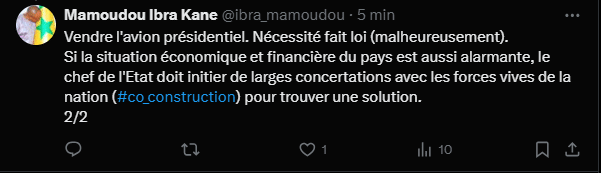 Situation économique et financière alarmante : MIK préconise la vente de l'avion présidentiel...