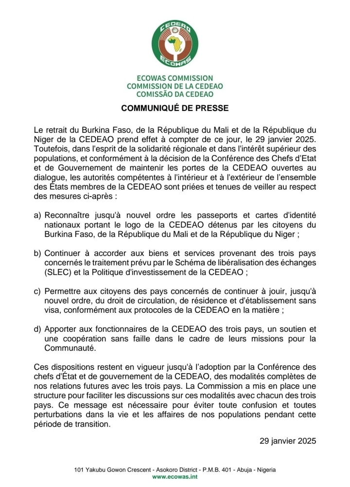 Retrait officiel des États de l'AES : Les portes de la Cedeo toujours ouvertes (Communiqué)