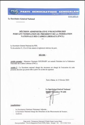 PDS : Me Abdoulaye Wade nomme Ousmane GOUDIABY, Président de la FNCL