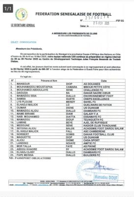Préparation CAN U20 : Serigne Saliou Dia convoque une liste de 25 joueurs à Toubab Dialaw