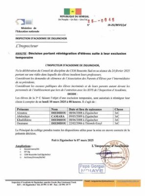 Ziguinchor - CEM Boucotte sud : Les quatre élèves exclus pour "indiscipline"finalement réintégrés