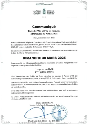 Fin du Ramadan : L’ Aïd El-Fitr célébrée ce dimanche en France, annonce la Grande mosquée de Paris