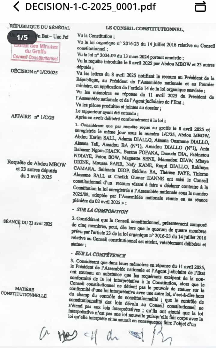 [EXCLUSIF] : Le Conseil constitutionnel rejette la loi interprétative d'Amadou Ba et Pastef (Document)