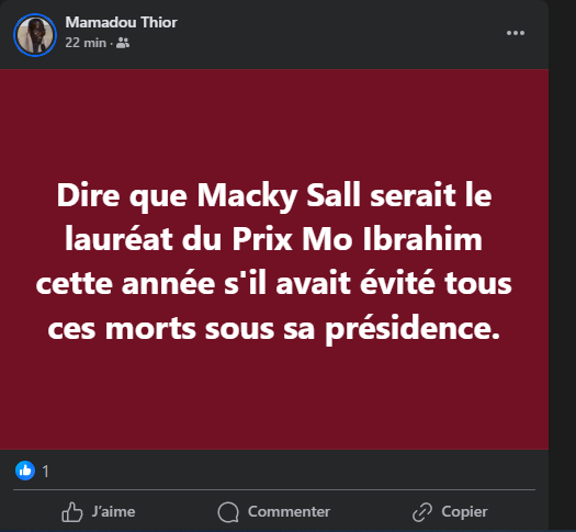 "Macky Sall serait le lauréat du Prix Mo Ibrahim cette année si...", (Mamadou Thior)