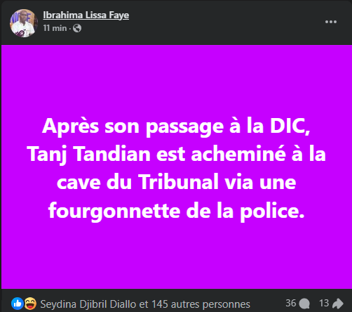 Dernière minute : Tange Tandian acheminé à la cave