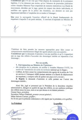Affaire Mansour Faye : L’injonction du juge des référées au ministre de l'Intérieur (Document)
