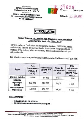 Engrais : Le prix unitaire de cession fixé à 1 000 FCFA pour la campagne agricole 2025-2026
