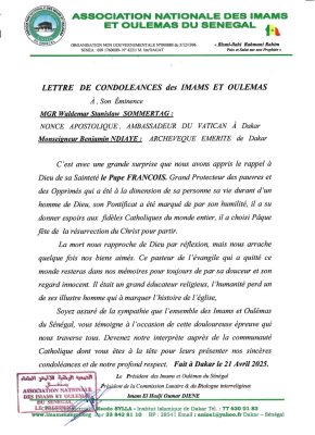 "L'humanité perd un de ses illustre homme qui à marquer l'histoire de l'église", réagissent les Imams et Oulémas du Sénégal