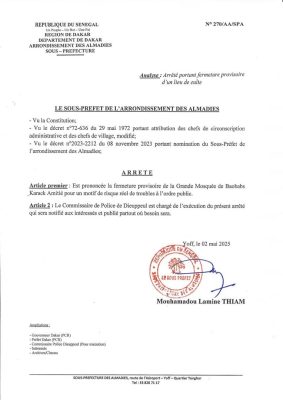 Risque de troubles à l'ordre public : Le sous-préfet des Almadies ferme la grande mosquée de Baobabs