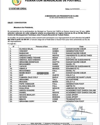 Préparation Tournoi UEFA : 25 joueurs convoqués pour un regroupement à Toubab Dialaw