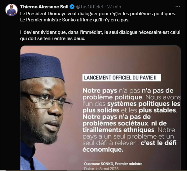 Tas cogne encore : "Le seul dialogue nécessaire est celui qui doit se tenir entre Diomaye et Sonko"