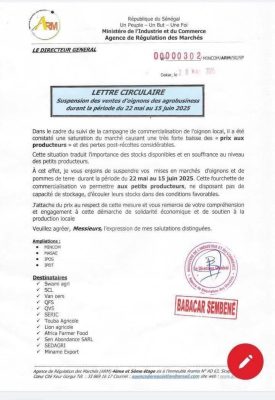 Société : Suspension des ventes d'oignons des Agrobusiness durant la période du 22 mai au 15 juin 2025