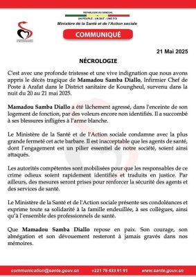 Décès de l’infirmier M. S Diallo : Le Ministère de la Santé condamne un acte barbare, une enquête en cours