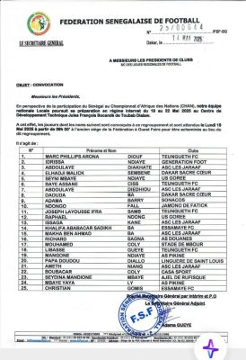 Préparation CHAN 2025 : Souleymane Diallo convoque 25 joueurs pour un stage à Toubab Dialaw