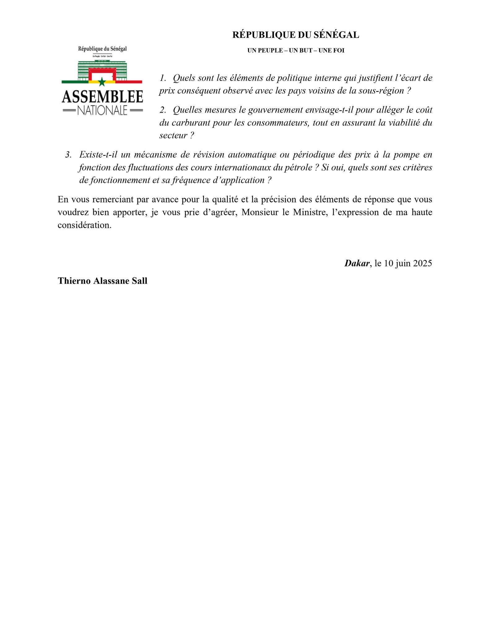 Prix du carburant à la pompe : TAS adresse une question écrite au ministre Birame Souleye Diop