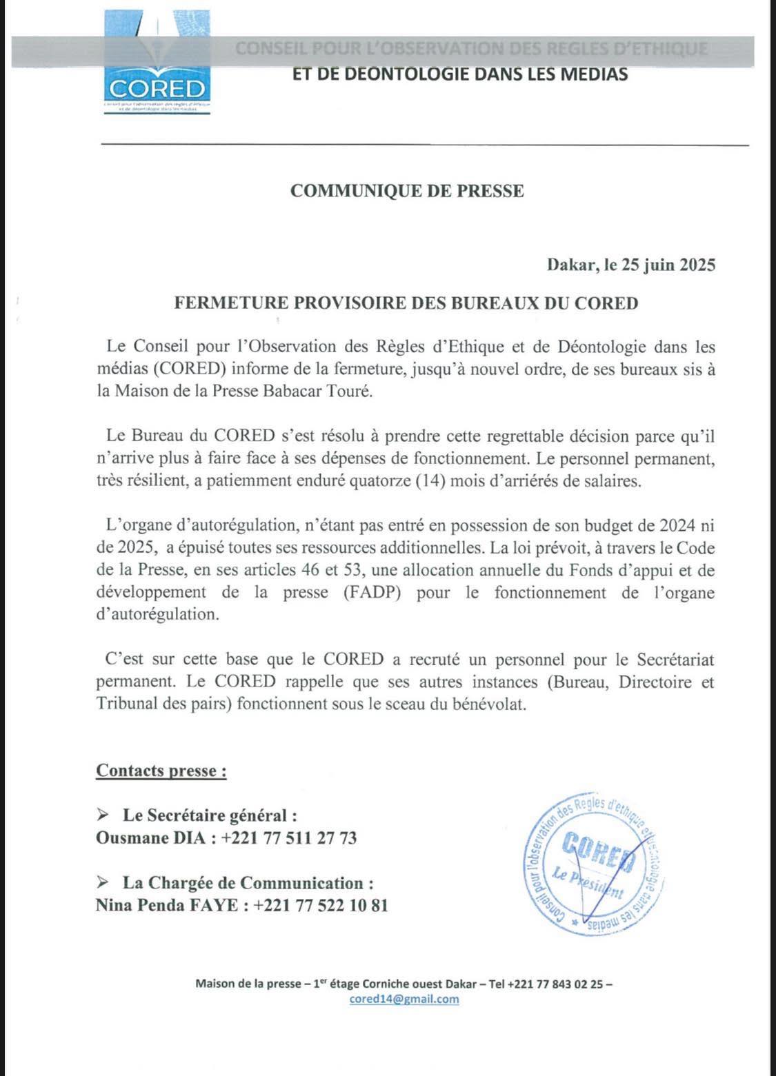 Les budgets 2024 et 2025 non reçus : Le Cored ferme ses portes jusqu'à nouvel ordre