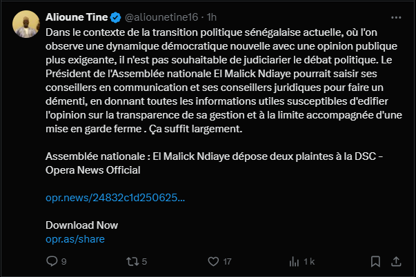 Plainte de El Malick Ndiaye : Alioune Tine invite à ne pas judiciariser le débat politique