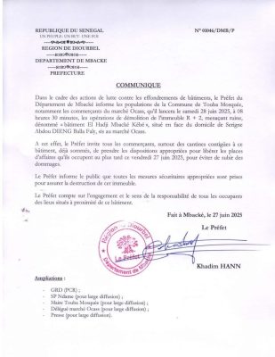 Bâtiments menaçants ruines à Touba : Le préfet de Mbacké annonce la démolition d’un bâtiment au marché Ocass