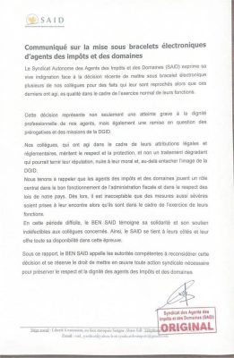 Des agents des impôts et des domaine sous bracelets électroniques : Le SAID exprime son indignation