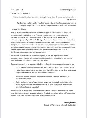 Campagne agricole 2025 : Pape Djibril Fall interpelle le ministre de l’agriculture