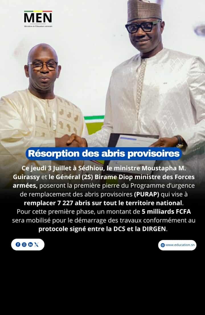 Remplacement des abris provisoires : Le partenariat entre le ministère de l'Education nationale et le ministère des Forces Armées en marche