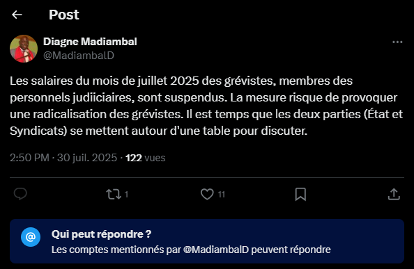 Travailleurs de la Justice : "Les salaires du mois de juillet 2025 des grévistes, membres des personnels judiciaires suspendus", (Madiambal Diagne)