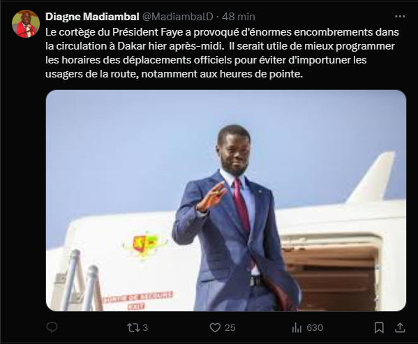 Madiambal : "Le cortège du Président Faye a provoqué d'énormes encombrements dans la circulation à Dakar hier après-midi"