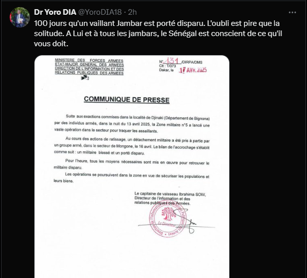 Jambar disparu depuis 100 jours : "L'oubli est pire que la solitude", (Yoro Dia)