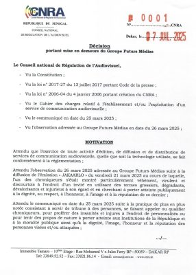 Affaire Badara Gadiaga : Le CNRA met en demeure le Groupe Futurs Médias