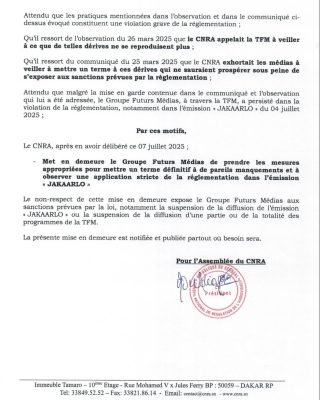 Affaire Badara Gadiaga : Le CNRA met en demeure le Groupe Futurs Médias