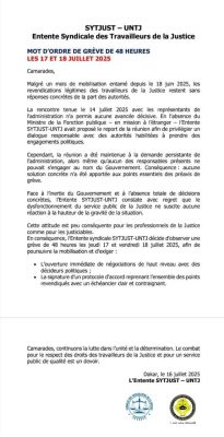 Justice : L’Entente SYTJUST–UNTJ décrète un nouveau mot d’ordre de grève de 48 heures