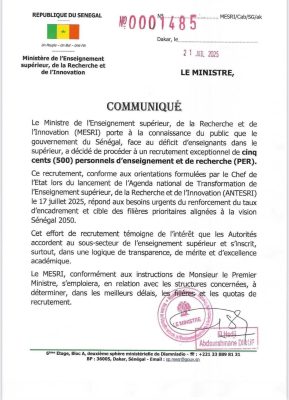 Enseignement supérieur : Recrutement de 500 personnels d’enseignants chercheurs !