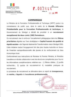 Formation professionnelle et technique : Recrutement exceptionnel de deux cents (200) formateurs