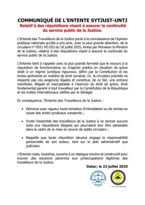 Réquisitions : L’Entente SYTJUST–UNTJ déchire la circulaire du Ministre de la Justice