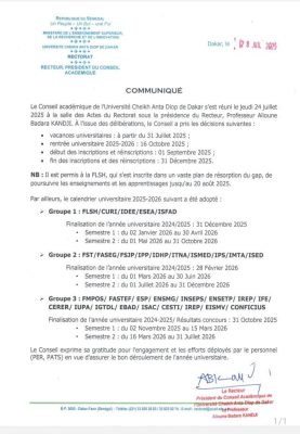 Enseignement supérieur : L’UCAD fixe le calendrier de l’année universitaire 2025-2026