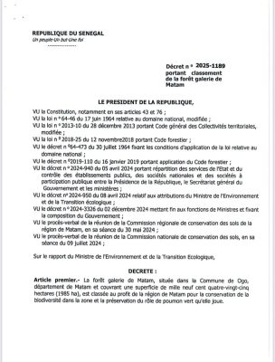 Décret présidentiel : La forêt galerie de Matam classée pour préserver la biodiversité locale