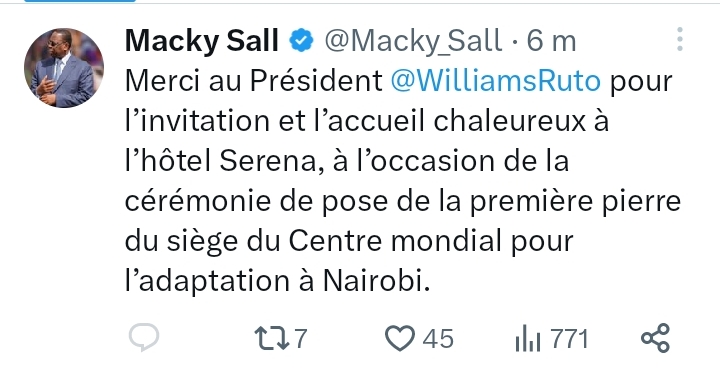 Centre mondial pour l’adaptation : Macky Sall invité du Président Williams Ruto à Nairobi