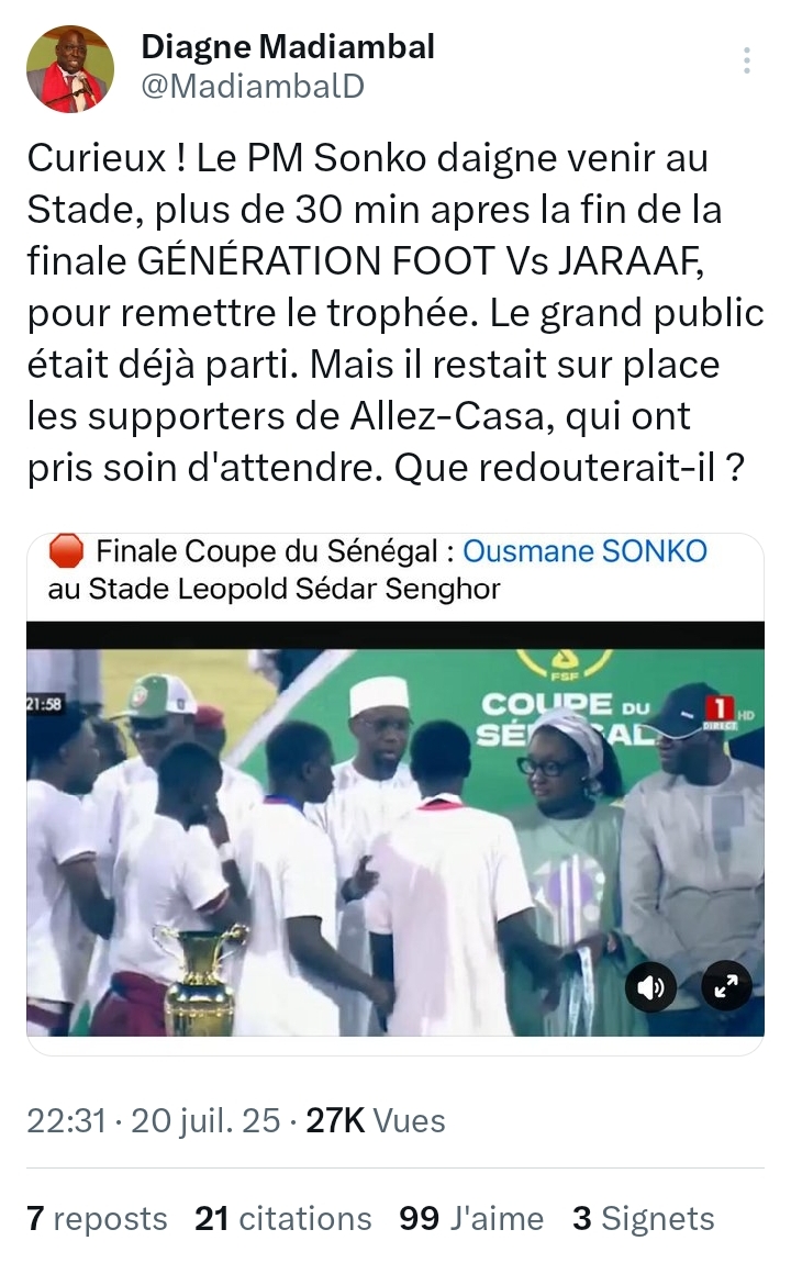 Sonko arrive au stade plus de 30 mn après le match GF vs Jaraaf : "Que redouterait-il ?" s'interroge Madiambal Diagne