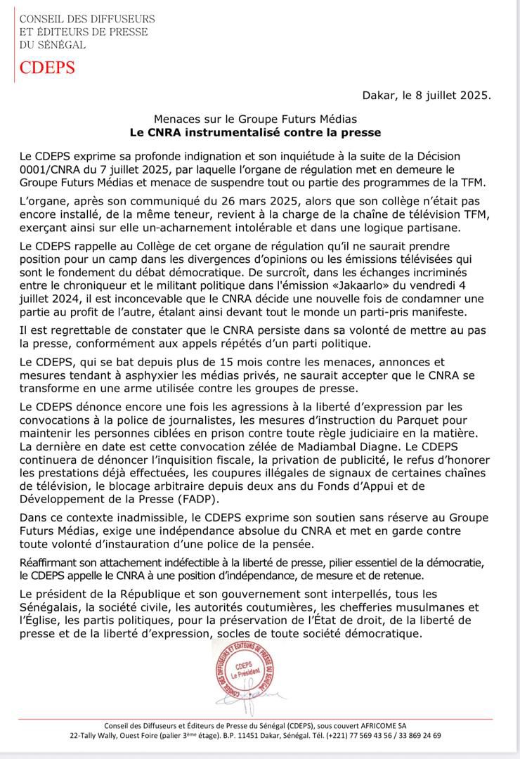 Menaces sur GFM : Le Cnra instrumentalisé contre la presse, (Cdeps)
