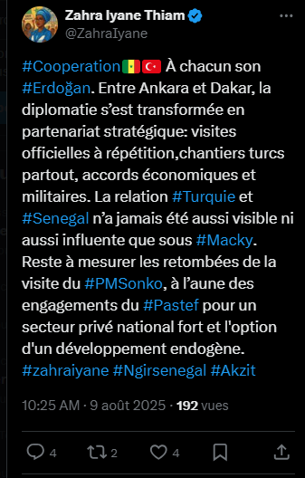 Zahra I Thiam : "La relation Turquie et Sénégal n’a jamais été aussi visible ni aussi influente que sous Macky"